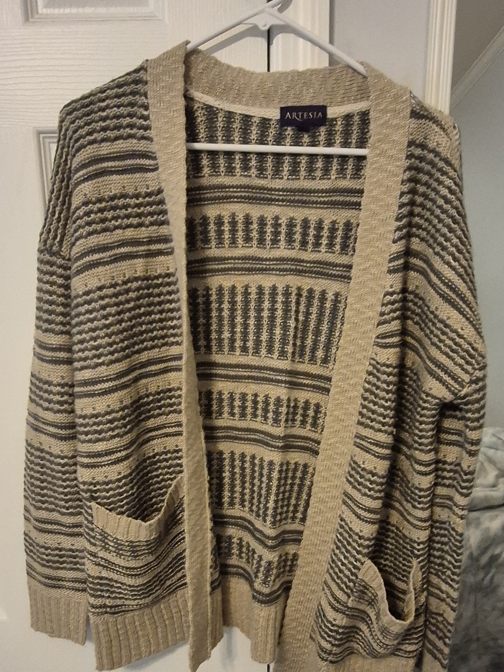 Beige and Gray Striped Open-Front Cardigan